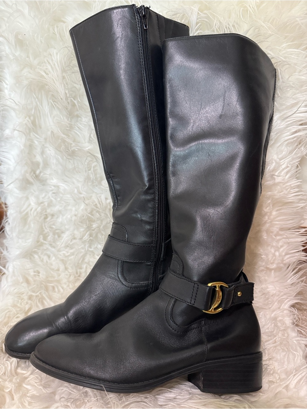 Ralph Lauren Black Leather Mid-Calf Boots with Gold Buckle